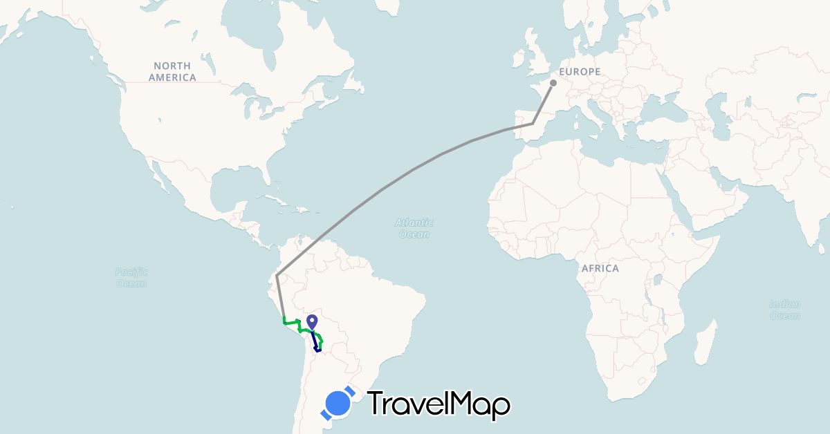 TravelMap itinerary: driving, bus, plane, cycling, hiking, boat in Bolivia, Ecuador, Spain, France, Peru (Europe, South America)